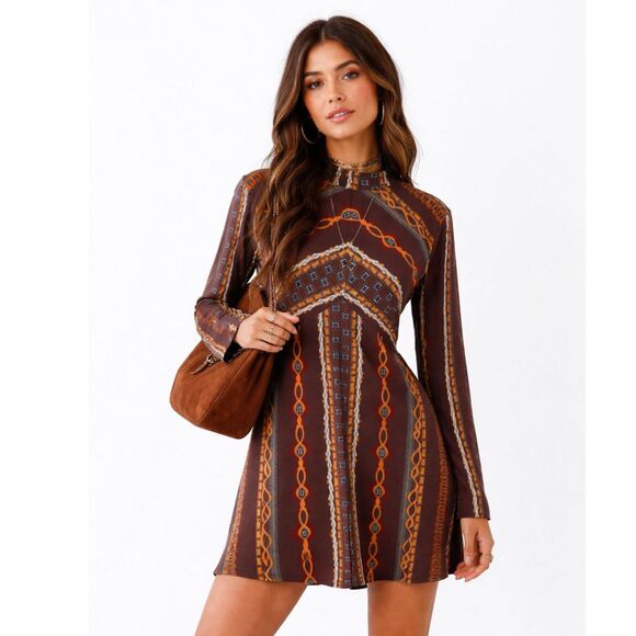 Free People Dresses & Skirts - Free People Brown Patterned Long Sleeve Mini Dress
